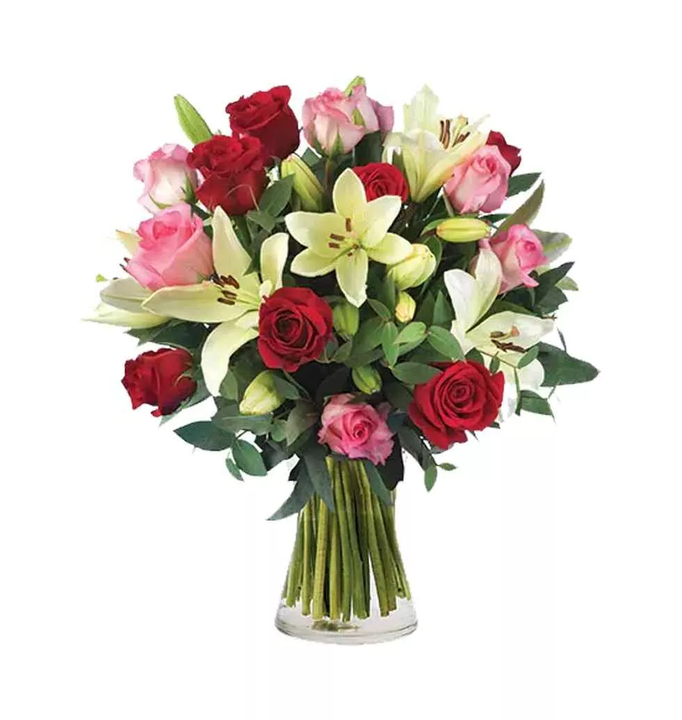 Eye-Catching Bouquet of Colorful Roses N Lilies